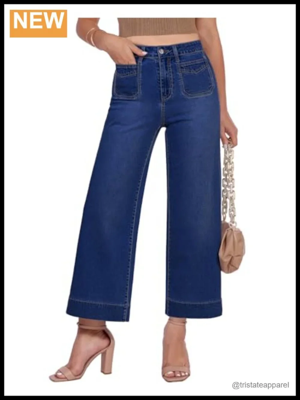 Wide Leg High Waisted Cropped Jeans with Patch Pockets Stretchy Denim